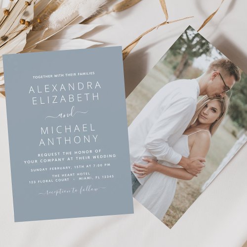 Budget Dusty Blue Wedding with Photo Invitation