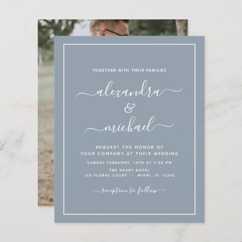 Budget Dusty Blue Wedding with Photo Invitation