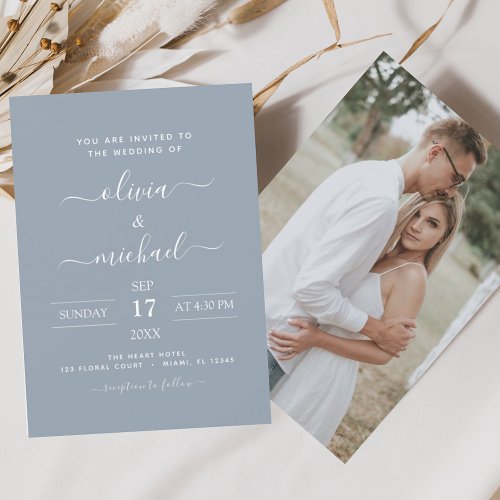 Budget Dusty Blue Wedding with Photo Invitation Flyer