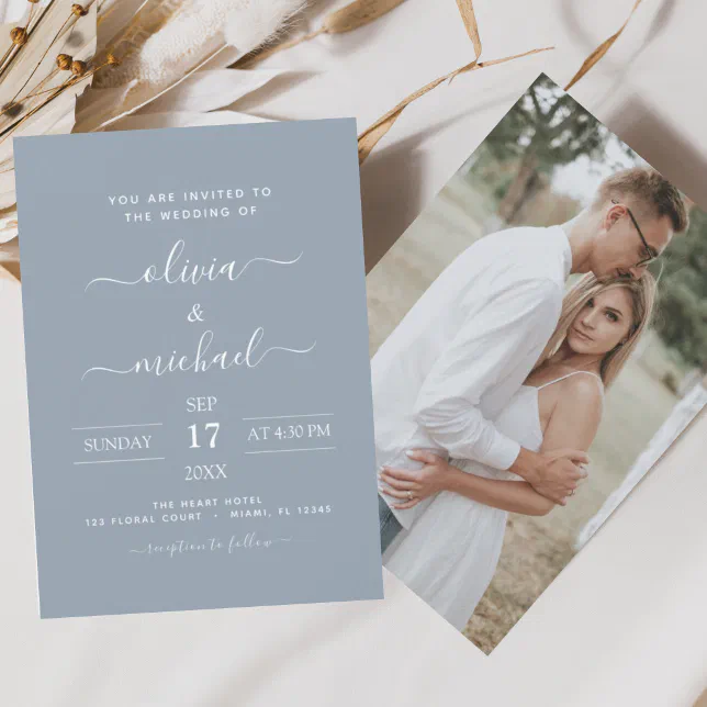 Budget Dusty Blue Wedding with Photo Invitation Flyer | Zazzle