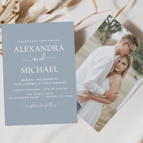 Budget Dusty Blue Wedding with Photo Invitation Flyer