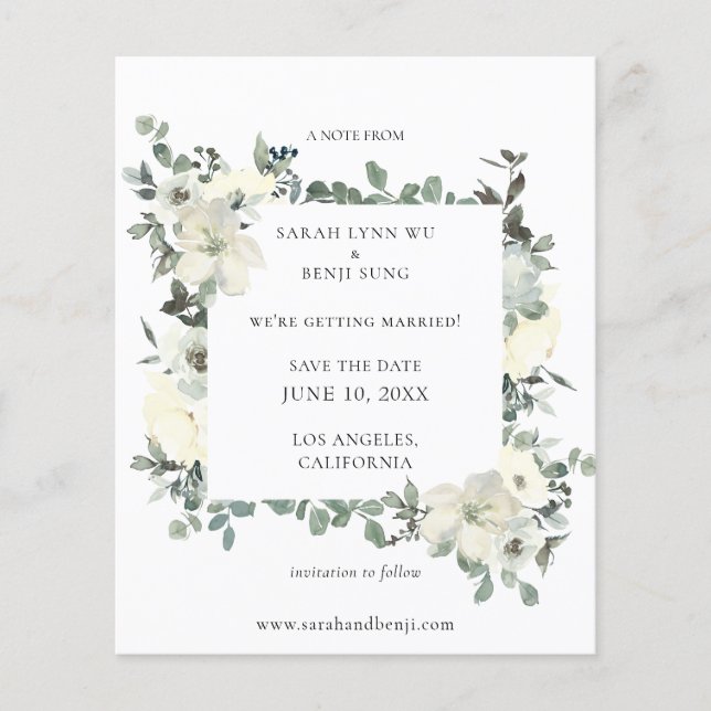 Budget Dusty Blue & White Floral Save the Date Flyer (Front)