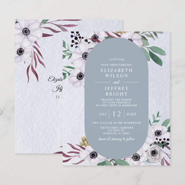 Budget Dusty Blue White Floral Wedding Invitation (Front/Back)