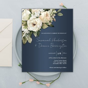 Budget Dusty Blue  White Roses Wedding Invitation Flyer by theelegantwedding at Zazzle