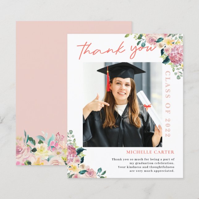 Budget Dusty Floral Photo Graduation Thank You (Front/Back)