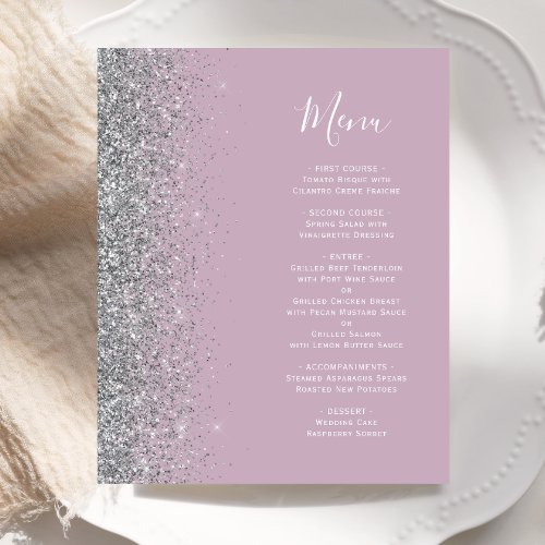 Budget Dusty Lilac Silver Glitter Wedding Menu