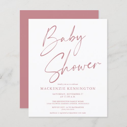 Budget Dusty Mauve Rose Pink Script Baby Shower