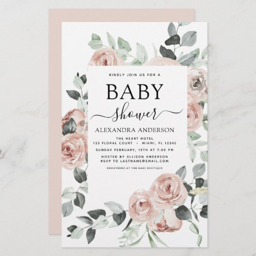 Budget Dusty Pink Baby Shower Floral Invitation