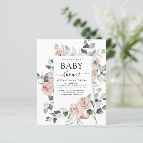 Budget Dusty Pink Baby Shower Floral Invitation