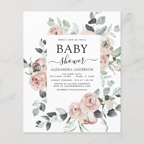 Budget Dusty Pink Baby Shower Floral Invitation Flyer