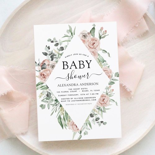Budget Dusty Pink Baby Shower Floral Invitation Flyer