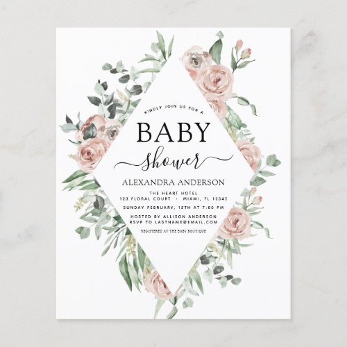 Budget Dusty Pink Baby Shower Floral Invitation Flyer
