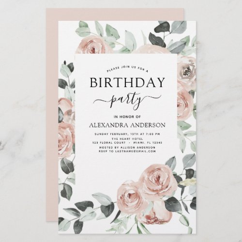 Budget Dusty Pink Birthday Party Floral Invitation