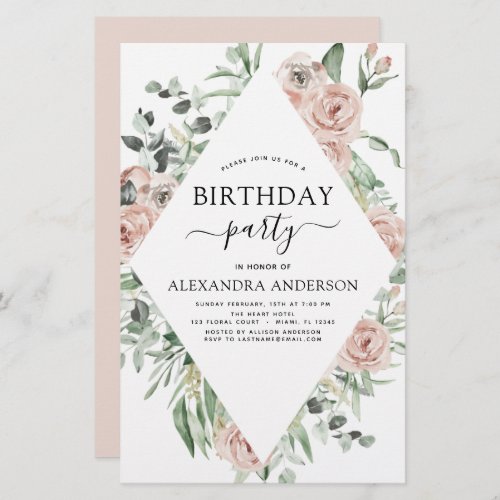 Budget Dusty Pink Birthday Party Floral Invitation