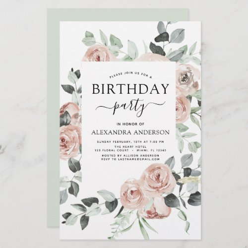 Budget Dusty Pink Birthday Party Floral Invitation