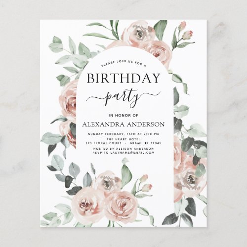 Budget Dusty Pink Birthday Party Floral Invitation Flyer