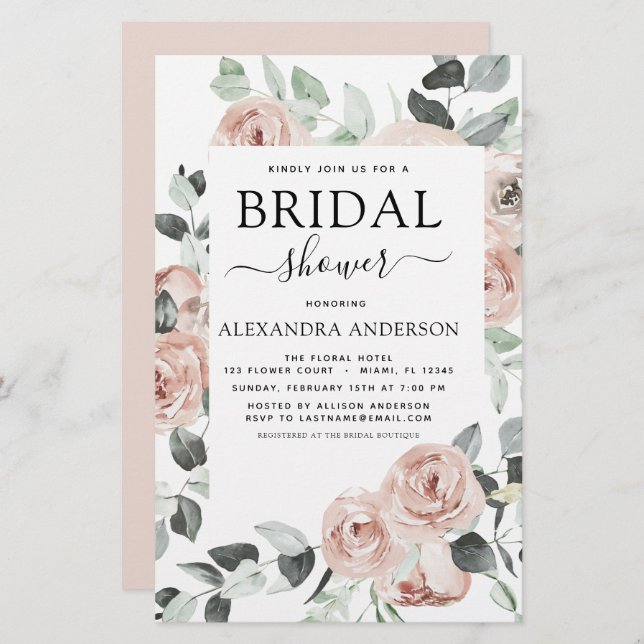Budget Dusty Pink Bridal Shower Floral Invitation (Front/Back)