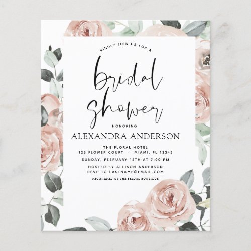 Budget Dusty Pink Bridal Shower Floral Invitation Flyer