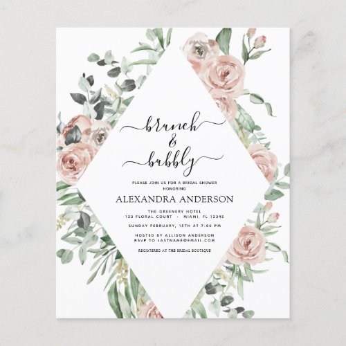 Budget Dusty Pink Brunch  Bubbly Bridal Shower Flyer