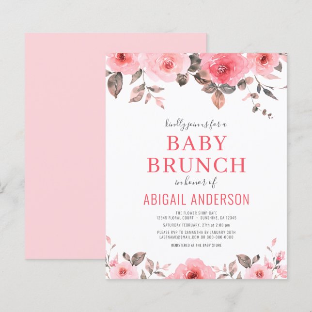 Budget Dusty Pink Floral Baby Brunch Invitation  (Front/Back)