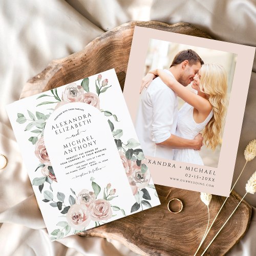 Budget Dusty Pink Floral Photo Wedding Invitation