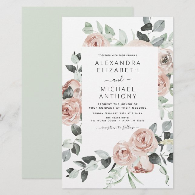 Budget Dusty Pink Floral Wedding Invitation (Front/Back)