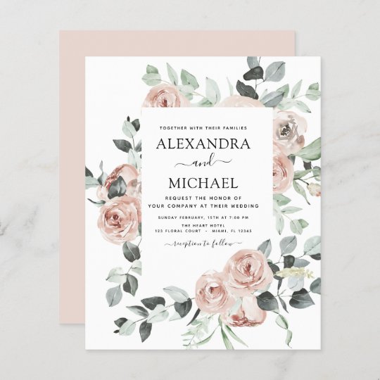 Budget Dusty Pink Floral Wedding Invitation | Zazzle.com