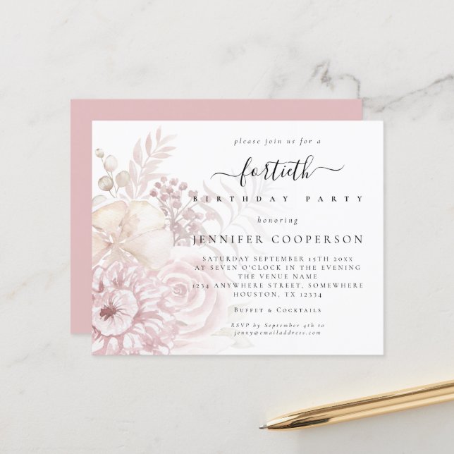 Budget Dusty Pink Florals Female 40th Party Invite (Front/Back In Situ)