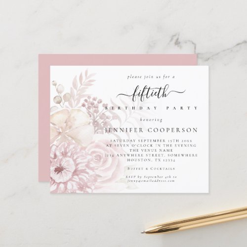 Budget Dusty Pink Florals Female 50th Party Invite