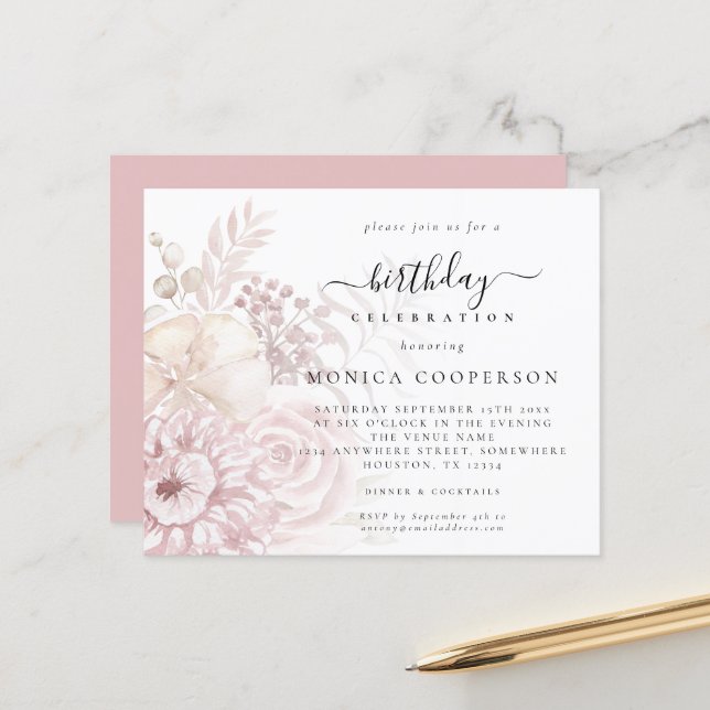 Budget Dusty Pink Florals Female Birthday Invite (Front/Back In Situ)