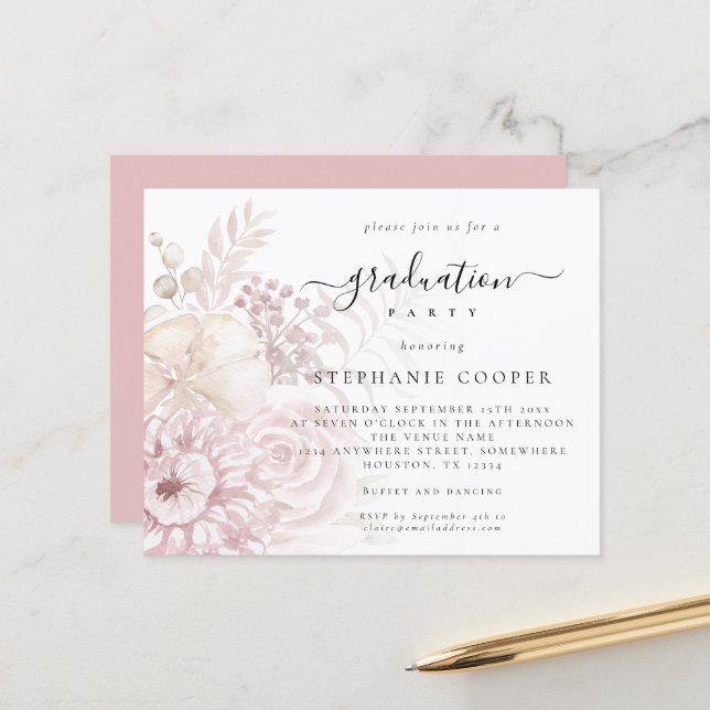 Budget Dusty Pink Florals Graduation Party Invite (Front/Back In Situ)