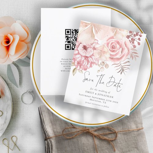 Budget Dusty Pink Florals QR Code Save The Date