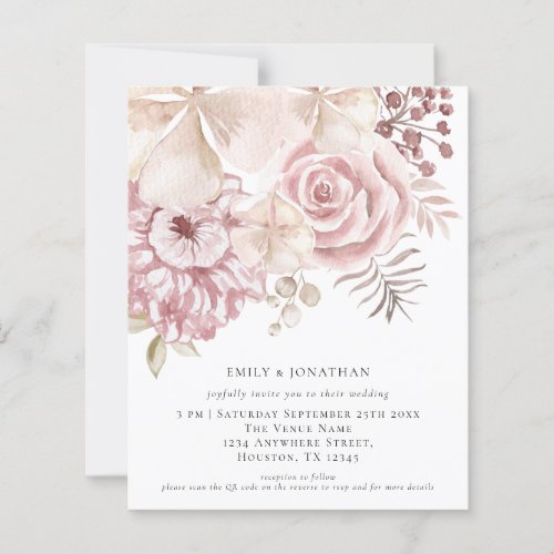 Budget Dusty Pink Florals QR Code Wedding Invite