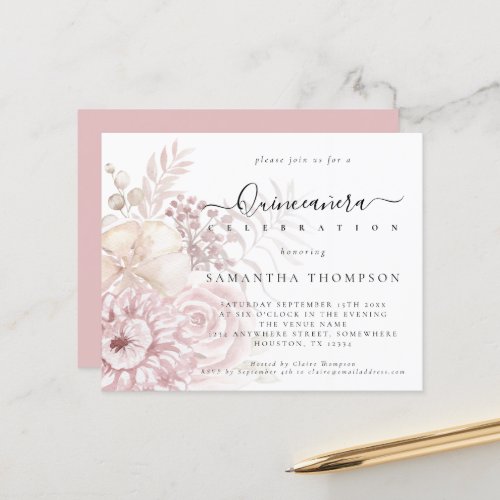 Budget Dusty Pink Florals Quinceaera Invitation