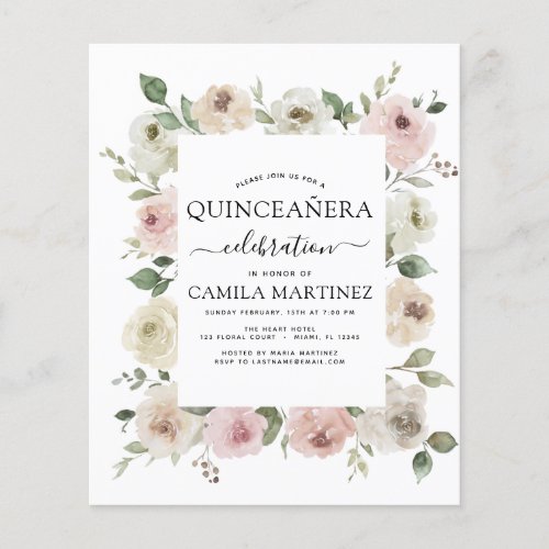 Budget Dusty Pink Quinceaera Floral Greenery Flyer