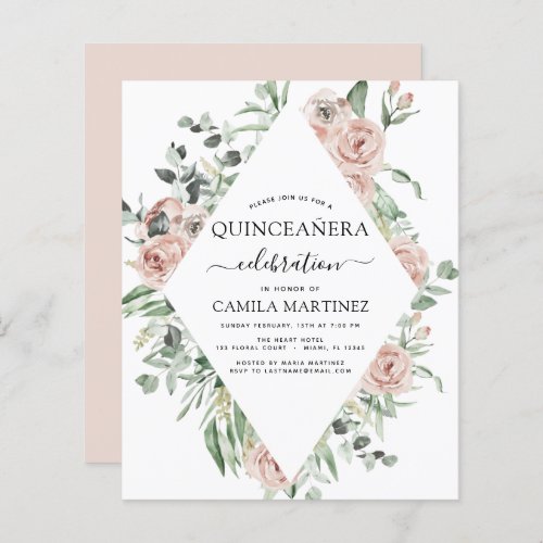 Budget Dusty Pink Quinceaera Floral Invitation