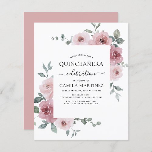 Budget Dusty Pink Quinceaera Floral Invitation
