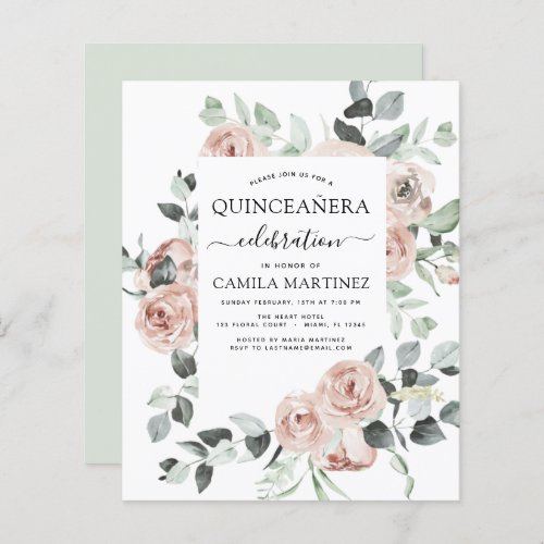 Budget Dusty Pink Quinceaera Floral Invitation