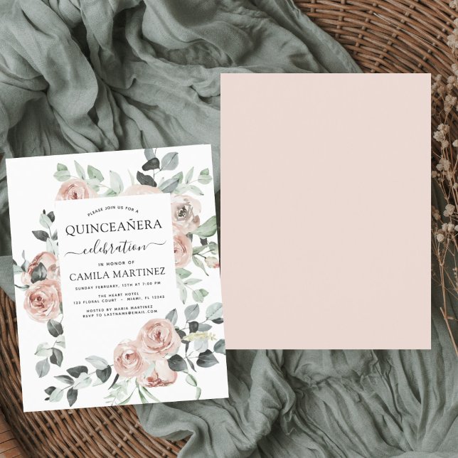 Budget Dusty Pink Quinceañera Floral Invitation