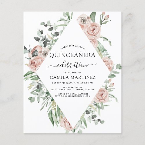 Budget Dusty Pink Quinceaera Floral Invitation Flyer