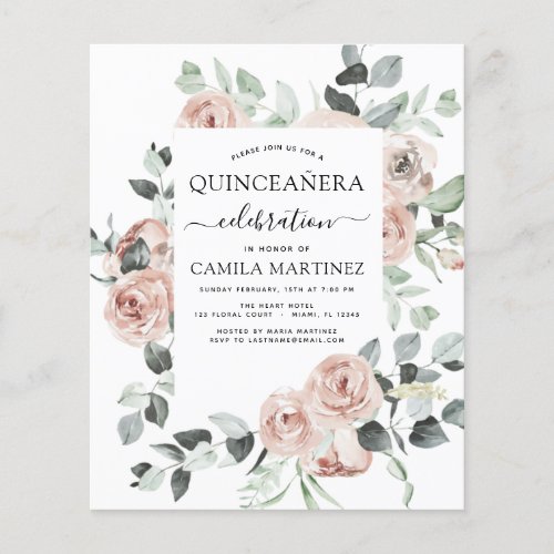 Budget Dusty Pink Quinceaera Floral Invitation Flyer