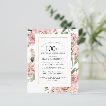 Budget Dusty Pink Rose 100th Birthday Party Invite | Zazzle