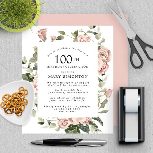 Budget Dusty Pink Rose 100th Birthday Party Invite