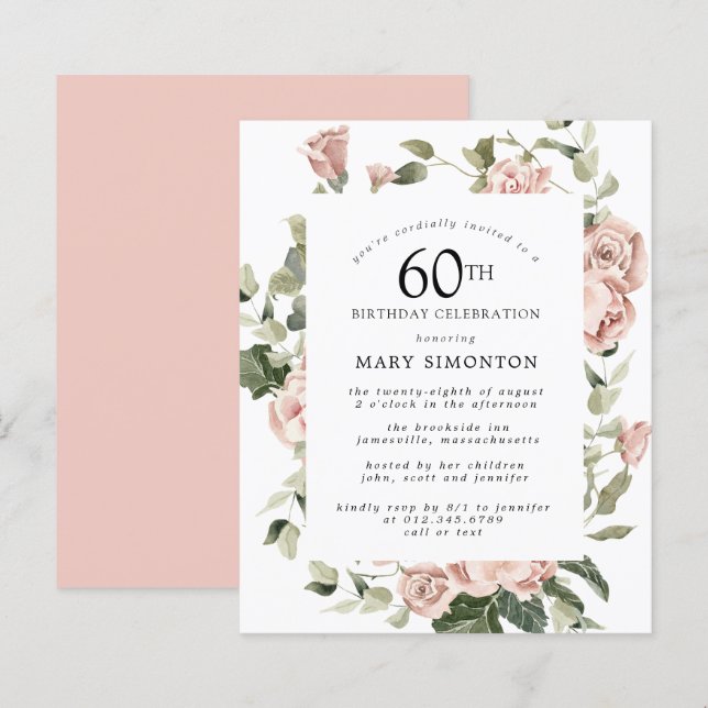 Budget Dusty Pink Rose 60th Birthday Party Invite (Front/Back)
