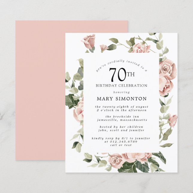 Budget Dusty Pink Rose 70th Birthday Party Invite (Front/Back)