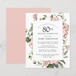 Budget Dusty Pink Rose 80th Birthday Party Invite
