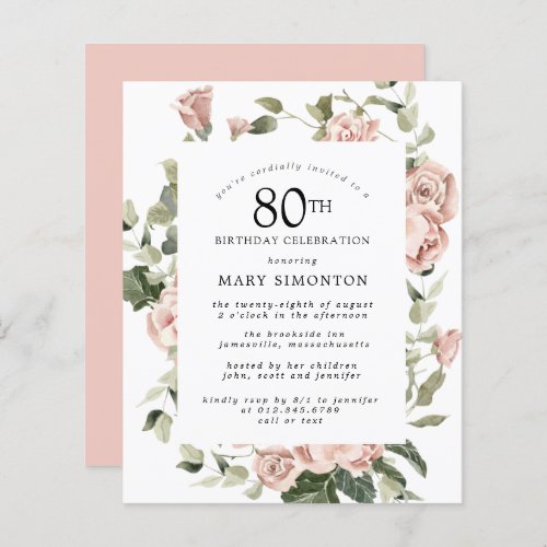 Budget Dusty Pink Rose 80th Birthday Party Invite
