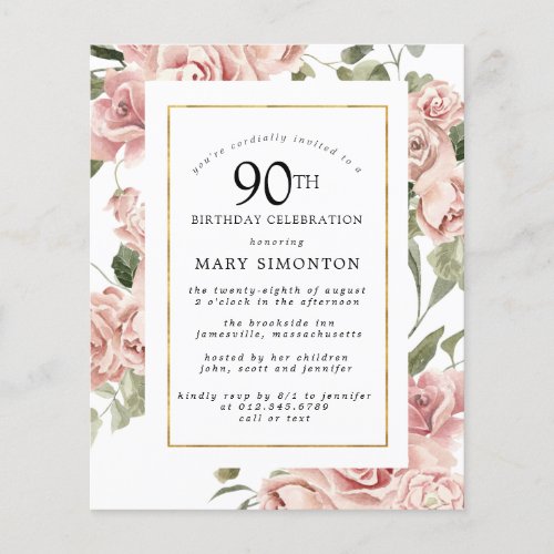 Budget Dusty Pink Rose 90th Birthday Party Invite