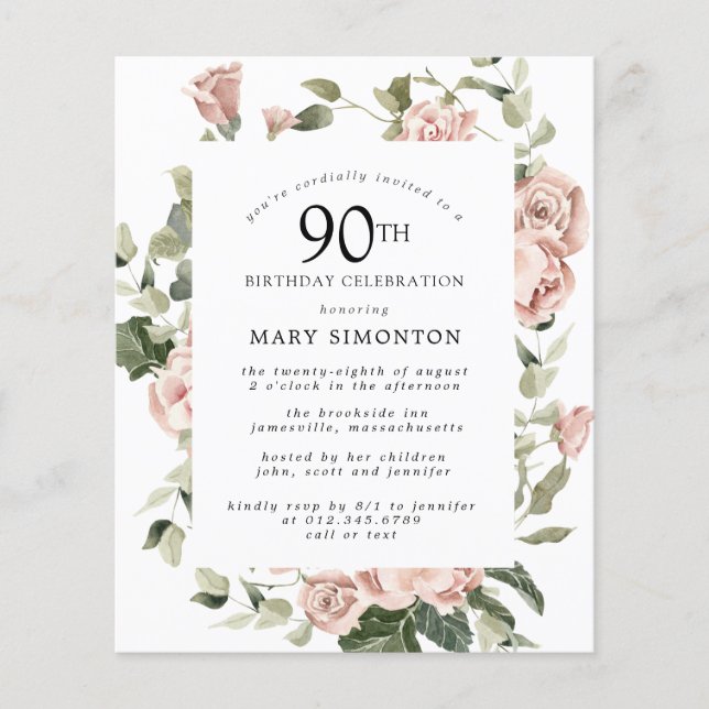 Budget Dusty Pink Rose 90th Birthday Party Invite (Front)