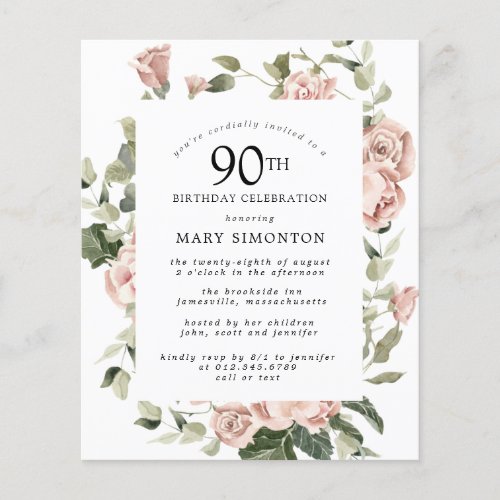 Budget Dusty Pink Rose 90th Birthday Party Invite